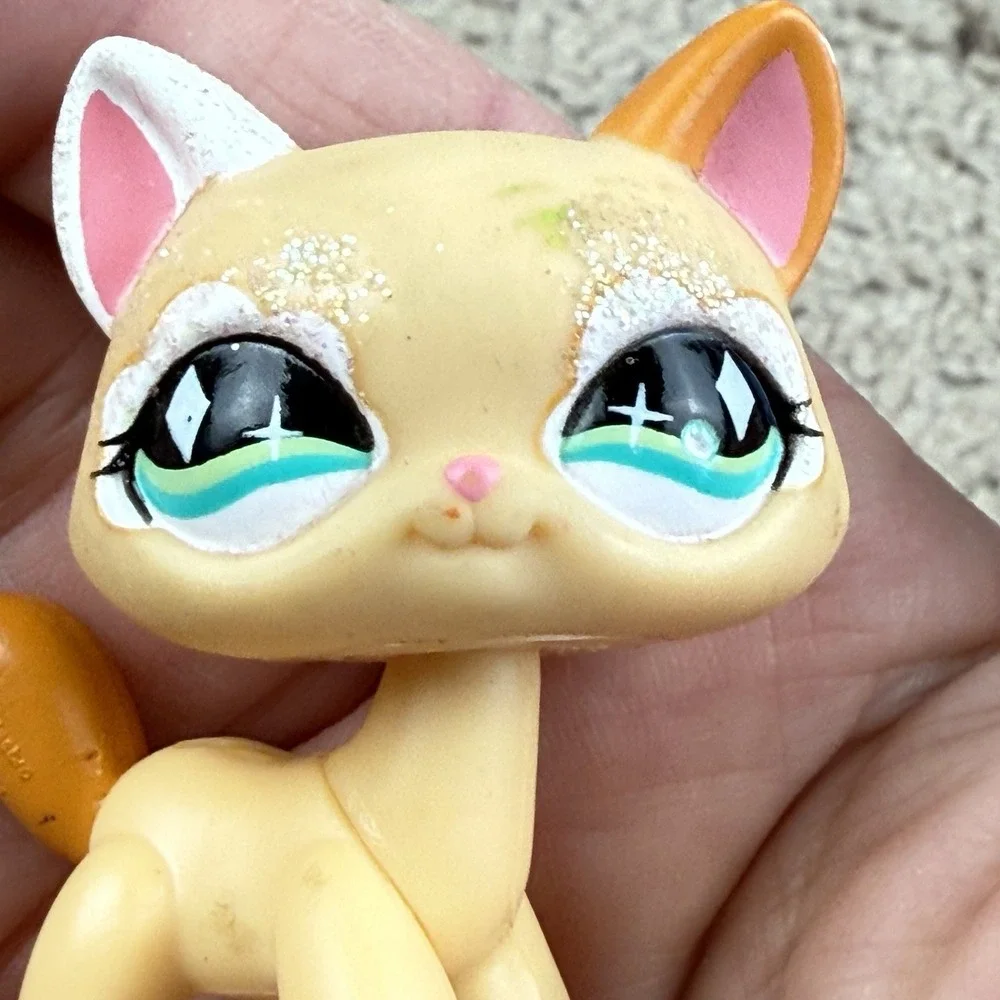 Littlest Pet Shop Yellow Orange White Glitter Cat Teal Diamond Eyes Hasbro Y2K